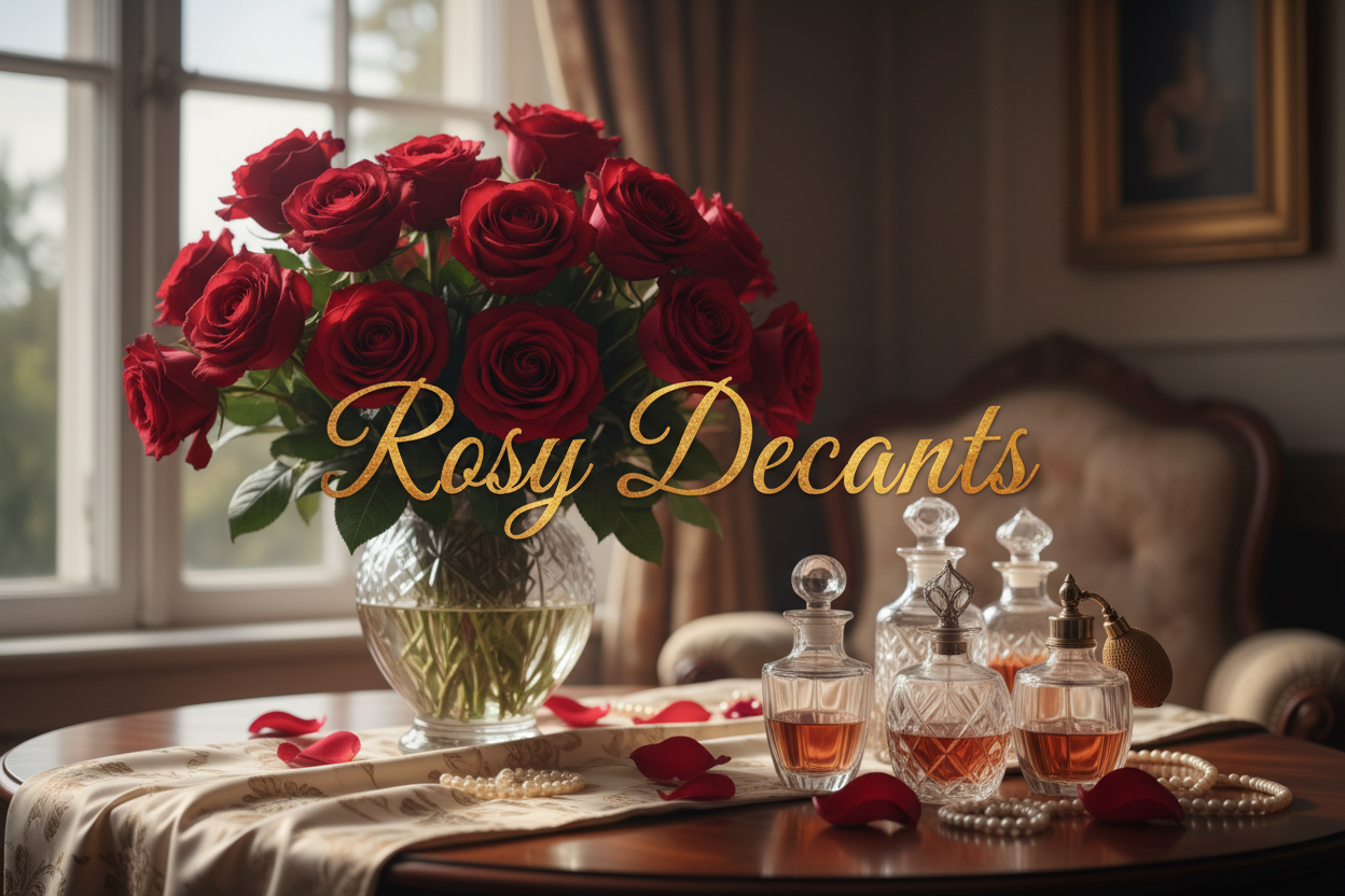 On a table side lit by the sun shining through a window to the side, is a bouquet of red roses, also on the table are elegant perfume vials, lastly, put "Rosy Decants" in cursive and in the middle using a color that complements the picture but makes the text prominent.